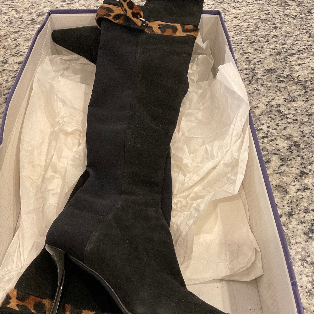 Stuart Weitzman Black and Leopard Print OTK Boots